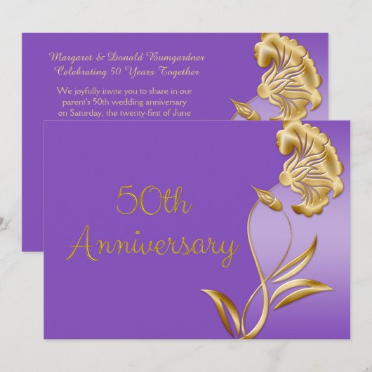 Elegant Paars en Gold 50e Jubileum nodigt uit Kaart (Voorkant / Achterkant)