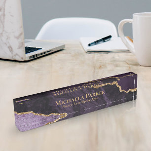 Elegant Paars en Gold Agate Geode Professional Naambordje