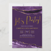 Elegant Paars en Gold Agate Let's Party Kaart (Voorkant)