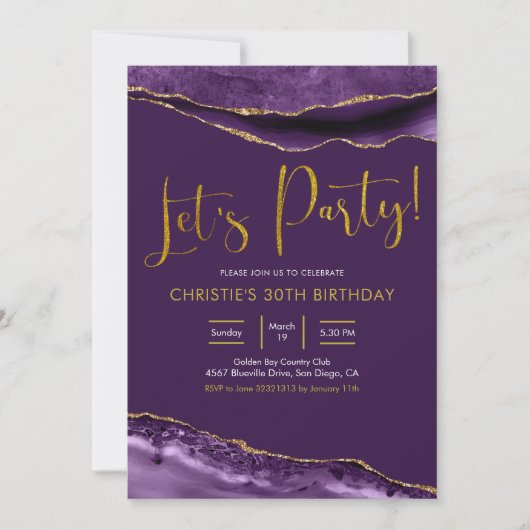 Elegant Paars en Gold Agate Let's Party Kaart