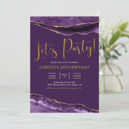 Elegant Paars en Gold Agate Let's Party Kaart