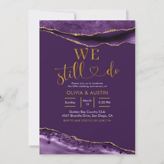 Elegant Paars en Gold Agate Wedding Jubileum Kaart (Voorkant)