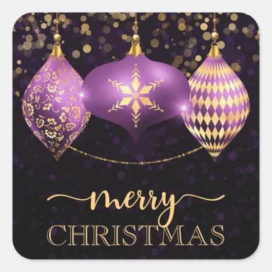 Elegant Paars en Gold Bauble Merry Kerstmis Vierkante Sticker (Voorkant)