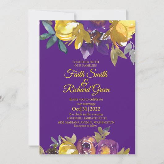 Elegant Paars en Gold Fall Wedding Invitations Kaart (Voorkant)