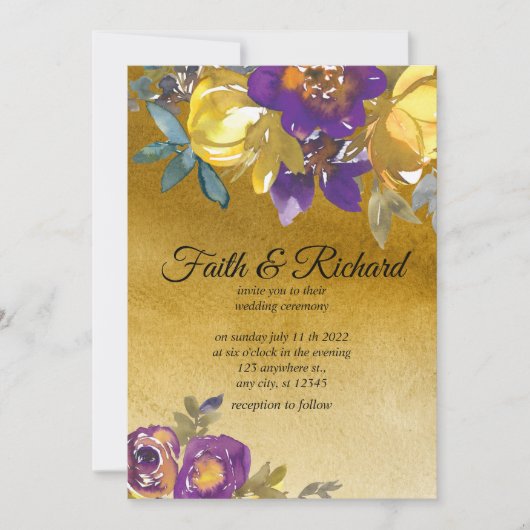 Elegant Paars en Gold Fall Wedding Invitations Kaart (Voorkant)