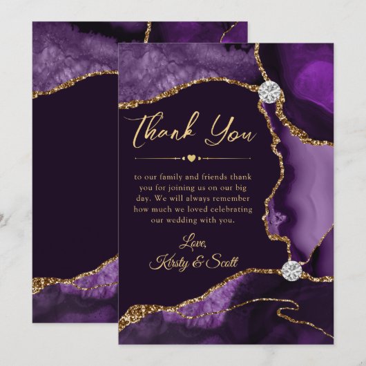 Elegant Paars en Gold Faux Glitter Agate Wedding Bedankkaart (Voorkant / Achterkant)