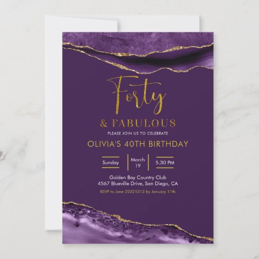 Elegant Paars en Gold Forty en Fabulous Kaart (Voorkant)