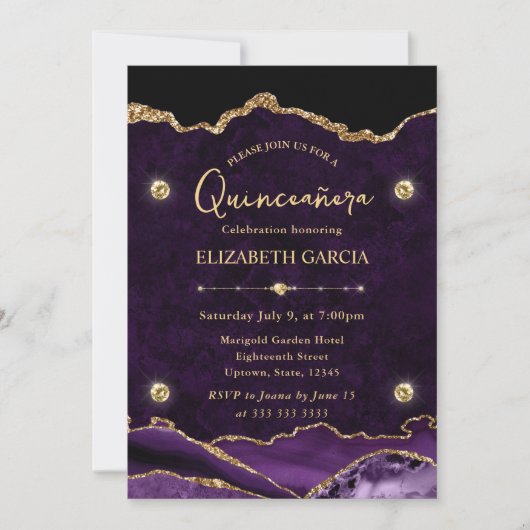 Elegant Paars en Gold Glitter Agate Quinceanera Kaart (Voorkant)