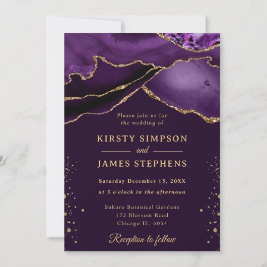 Elegant Paars en Gold Glitter Agate Wedding Kaart (Voorkant)