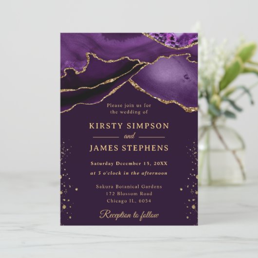 Elegant Paars en Gold Glitter Agate Wedding Kaart (Staand voorkant)