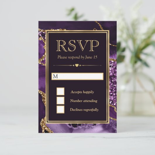 Elegant Paars en Gold Glitter Agate Wedding RSVP Kaartje (Staand voorkant)