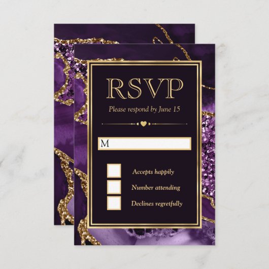 Elegant Paars en Gold Glitter Agate Wedding RSVP Kaartje (Voorkant / Achterkant)