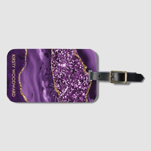 Elegant Paars en Gold Glitter Ocean Agate Bagagelabel (Voorkant (horizontaal))