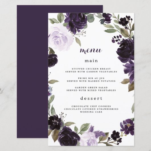 Elegant Paars en Gold Green Wedding Menu Kaarten (Voorkant / Achterkant)