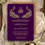 Elegant Paars en Gold Peacock Islamic Weddenschap Kaart<br><div class="desc">Verwarm je gasten met deze elegante trouwuitnodiging met mooie pauzes en 'Bismillah' in Arabische kalligrafie. Voeg eenvoudig uw gebeurtenisdetails op deze makkelijk te gebruiken sjabloon toe om het één-van-een-soort uitnodiging te maken. Draai de kaart om een elegant gouden stippen patroon op de achterkant van de kaart te laten zien.</div>