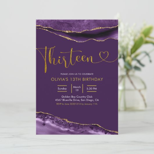 Elegant Paars en Gold Thirteen Uitnodiging (Staand voorkant)
