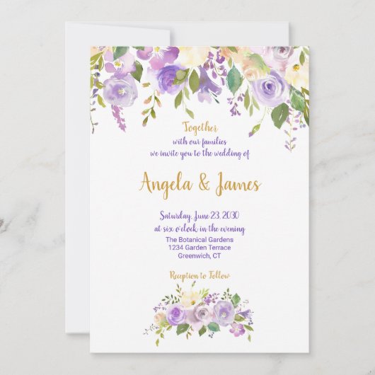 Elegant Paars en Gold Waterverf Floral Wedding Kaart (Voorkant)