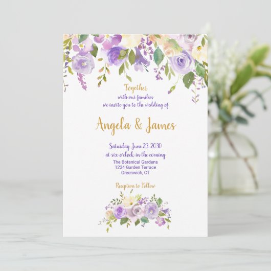 Elegant Paars en Gold Waterverf Floral Wedding Kaart (Staand voorkant)