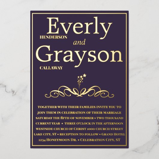 Elegant Paars en Gold Wedding Folie Uitnodiging (Voorkant)