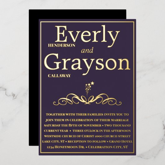 Elegant Paars en Gold Wedding Folie Uitnodiging (Voorkant / Achterkant)