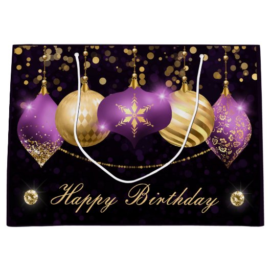 Elegant Paars en Gold Winter Baubles Birthday Groot Cadeauzakje (Voorkant)