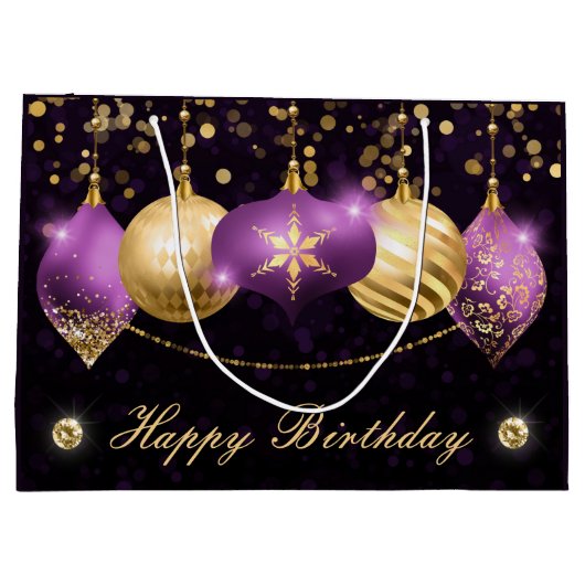 Elegant Paars en Gold Winter Baubles Birthday Groot Cadeauzakje (Achterkant)