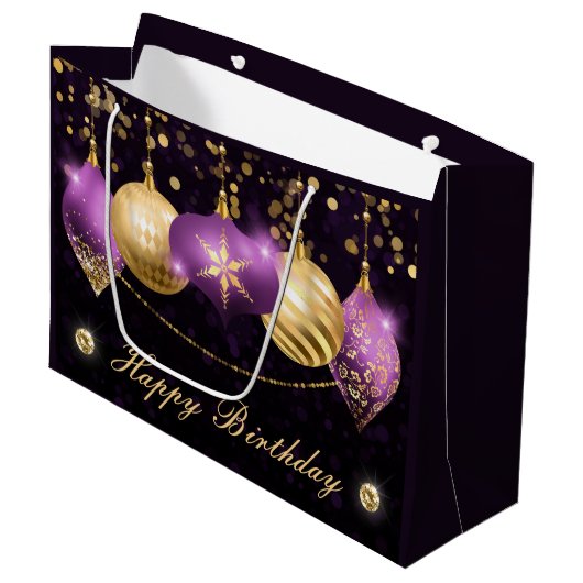 Elegant Paars en Gold Winter Baubles Birthday Groot Cadeauzakje (Voorkant Gekanteld)