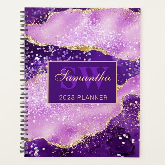 Elegant paars en goud glinsterend agaat monogram planner (Voorkant)