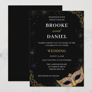 Elegant Paars en Goud Mardi Gras Bruiloft Kaart