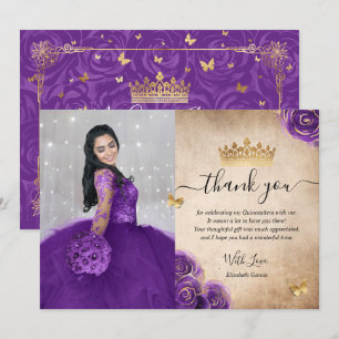 Elegant Paars en Goud Quinceañera Foto Verjaardag Bedankkaart