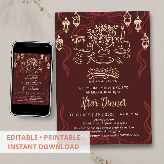 Elegant Paars en Goud Ramadan Iftar-diner Kaart