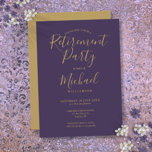 Elegant Paars En Goud Schrift Pensioenfeest Kaart