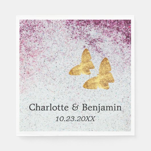 Elegant Paars en goudglitter Butterfly Wedding Servet (Voorkant)