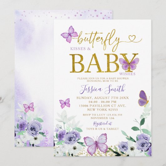 Elegant Paars- en goudvlinder Baby shower Kaart (Voorkant / Achterkant)