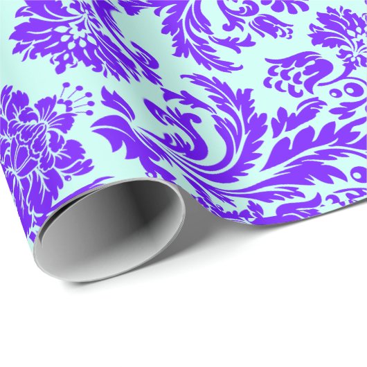 Elegant Paars en Light Blue Floral Dammaskers Cadeaupapier (Rol Hoek)