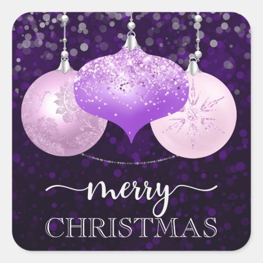 Elegant Paars en roze Baubles Merry Kerstmis Vierkante Sticker (Voorkant)