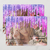 Elegant paars en roze glitter druppelt zoet zestie kaart (Voorkant / Achterkant)