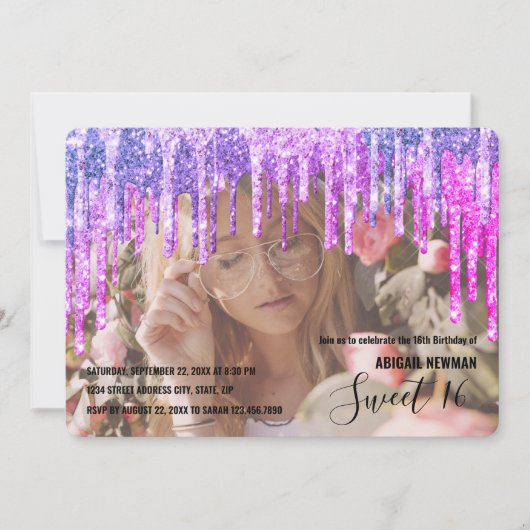 Elegant paars en roze glitter druppelt zoet zestie kaart (Voorkant)