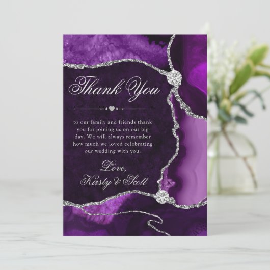 Elegant Paars en Silver Glitter Agate Wedding Bedankkaart (Staand voorkant)
