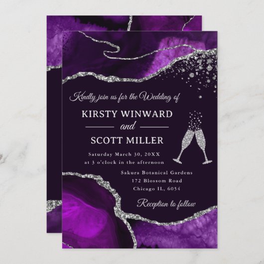 Elegant Paars en Silver Glitter Agate Wedding Kaart (Voorkant / Achterkant)