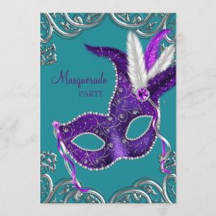 Elegant paars en turkooisblauw gemaskerd bal kaart