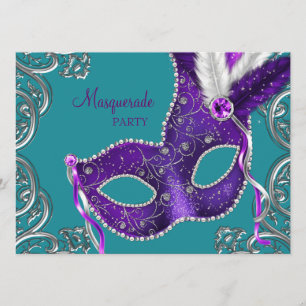 Elegant paars en turquoise blauwe masqueradefeest kaart