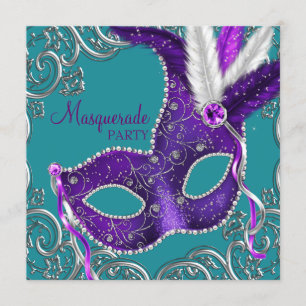 Elegant paars en turquoise blauwe masqueradefeest kaart
