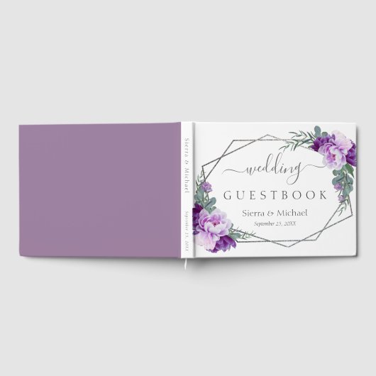 Elegant Paars en zilver Floral Geometric Wedding Gastenboek (Volledig)