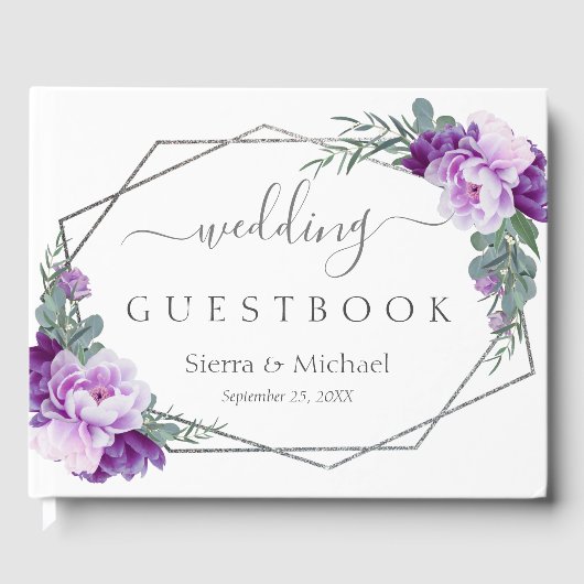 Elegant Paars en zilver Floral Geometric Wedding Gastenboek (Voorkant)