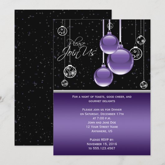 Elegant Paars en zilver op de Zwarte Partij Kaart (Voorkant / Achterkant)