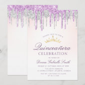 Elegant paars en zilverglitter Quinceanera Kaart (Voorkant / Achterkant)