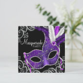 Elegant paars en zwart gemaskerd bal kaart (Staand voorkant)