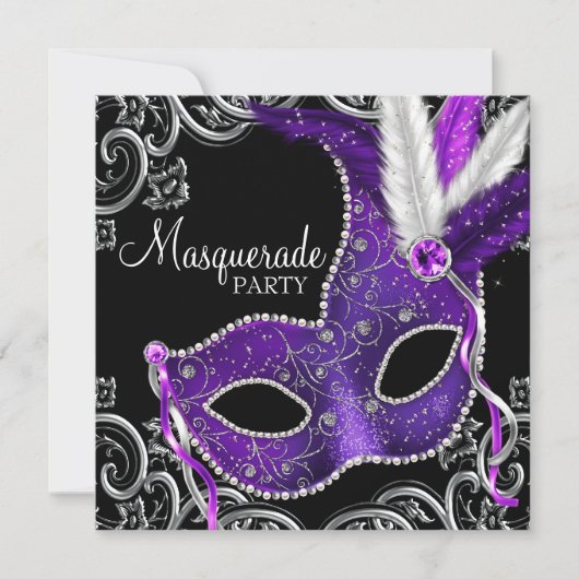 Elegant paars en zwart gemaskerd bal kaart (Voorkant)