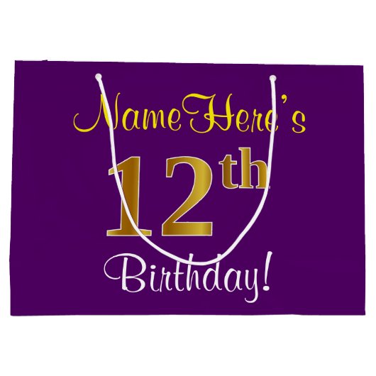 Elegant, Paars, Faux Gold 12e verjaardag + naam Large Cadeautasje (Achterkant)